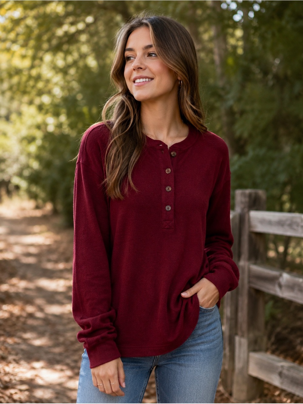 aerie Sherpa Long Sleeve Henley Top - Burgandy